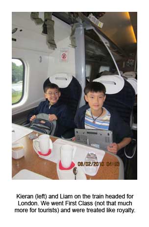 Kieran (left) and Liam on the train headed for London
