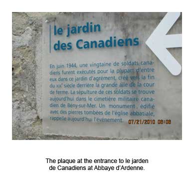 The plaque at the entrance to le jarden de Canadiens at Abbaye d’Ardenne